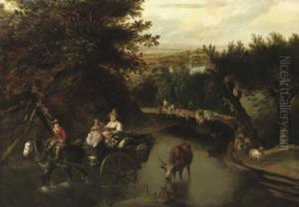 A Wooded Landscape With Peasants In A Horse-drawn Cart Travelling Down A Flooded Road - view 1