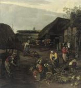 Peasants At Work In A Farmyard by Jan Siberechts