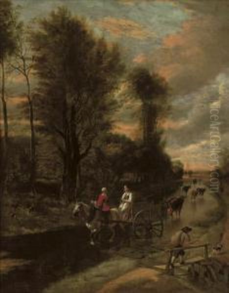 A Horse-drawn Cart With Two Women Travelling Down A Flooded Road At The Edge Of A Wood - view 1