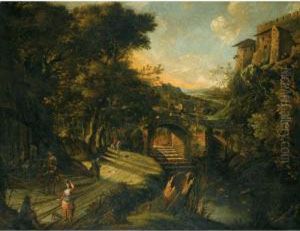 An Italianate River Landscape, With Figures On A Road Beside A Fountain, A Bridge Beyond