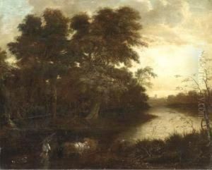 A Wooded River Landscape With A Drover And His Herd