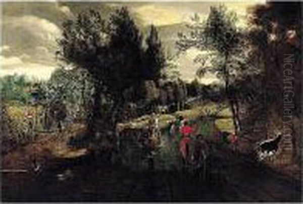 A Summer Landscape With Wagoners
And Drovers Crossing A Ford, Harvesters In A Field Nearby - view 1