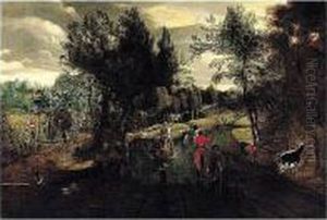 A Summer Landscape With Wagoners
And Drovers Crossing A Ford, Harvesters In A Field Nearby by Jan Siberechts