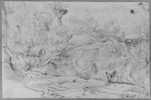 A Road In A Hilly Wooded Landscape, A Traveller On A Bridge On Theright