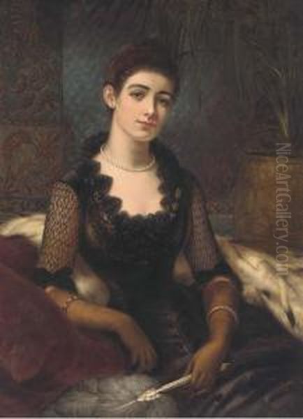 A Portrait Of Mrs James Alexander, Three-quarter Length, In A Blackdress, Holding A Fan - view 1