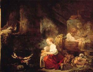 An interior of a barn with a woman and a child by a cauldron, washerwomen nearby by Jean-Honore Fragonard