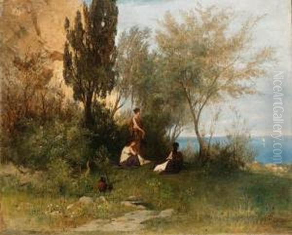 Three Classical Maidens In A Wooded Coastal Landscape - view 1
