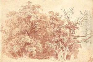 A study of trees at the edge of wood, with figures resting in the shade
