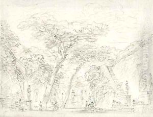 A garden with sculpture among Roman pines, steps mounting a high wall to the right by Jean-Honore Fragonard