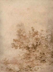 A wooded landscape with a boy hiding among undergrowth by Jean-Honore Fragonard