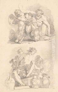 Cupid fighting a satyr and Mercury seated on a throne lifting the lid of an urn, after the old masters by Jean-Honore Fragonard