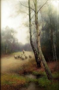 A Shepherd And Sheep In A Woodland Clearing