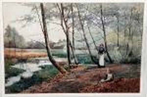 Woman And Child Gathering Wood By A Pond - view 1