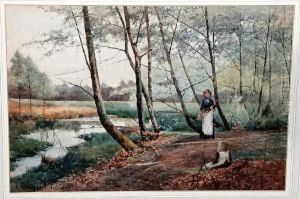 Woman And Child Gleaning By A Pond by Benjamin D. Sigmund