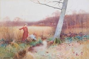 Children Picking Flowers By A Brook 'b.d. Sigmund/94' by Benjamin D. Sigmund