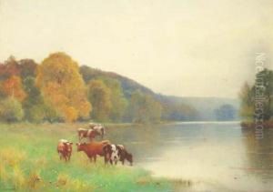Cattle Watering At The Edge Of A Lake; And Cattle In A Pasturebeside A Thatched Cottage by Benjamin D. Sigmund