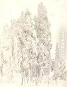Cypresses by a fence with a statue on a pedestal nearby by Jean-Honore Fragonard