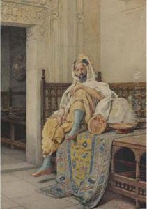 A Pottery Vendor At The Bazaar With His Wares by Guiseppe Signorini