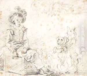 Three dogs standing before a boy seated on a box
