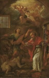 A Bishop Saint In A Stable by Franz Sigrist