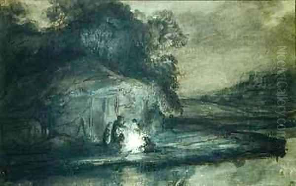 Nocturnal landscape with a river and shepherds - view 1