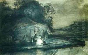 Nocturnal landscape with a river and shepherds by Barent Fabritius