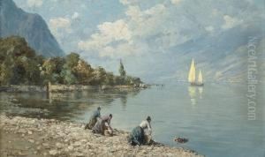 Washerwomen On A North Italian Lake by Ferdinando Silvani