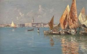 Fishing Vessels Moored Before Venice by Ferdinando Silvani
