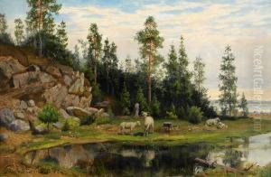 Kustlandskap Med Skogsdunge Och Far by Jacob Johan Silven