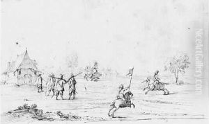 Charge De Cavalerie Et Soldats Devant Un Village
