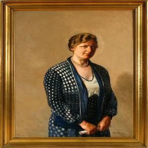 A Woman In A Blue Dress Portraied En Face, Presumeably The Artist's Wife by Viggo Rasmus Simesen