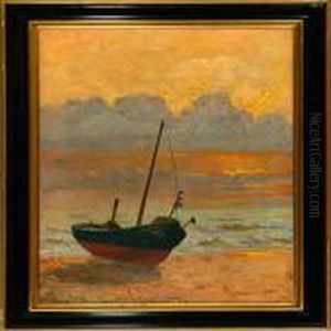 A Rowing Boat On A Beach At Sunset by Viggo Rasmus Simesen