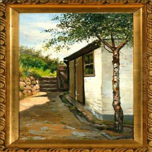 A Birch Tree In Front Of A White Washed House by Viggo Rasmus Simesen