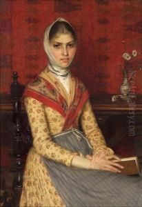 A Portrait Of A Young Woman 
Holding A Book, With A Still Life Of Flowers In An Ornamental Vase On A 
Table Beyond
