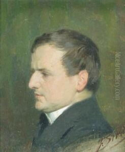 Bildnis Dr. Otto Reith Vor 
Dunkelgrunem Hintergrund, Im Profil Nach Links. Ol Auf Malkarton. 12,2 X
 10,9 Cm. Rechts Unten Signiert Sowie Ruckseitig Mit Dem Stempel Des 
Kunstlers Und No. 10. Rahmen Etwas Beschadigt. - view 1