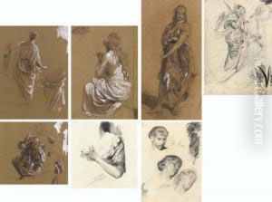 Six Figural Studies Including 
Studies Of A Woman's Head, The Sleeve Of A Dress, And A Kneeling Warrior
 And Drapery Studies