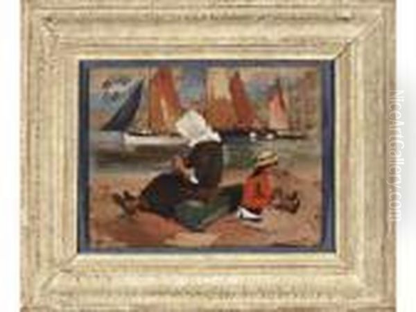 Mere Et Fillette Sur La Plage Huile S - view 1