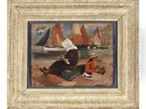 Mere Et Fillette Sur La Plage Huile S by Lucien Simon