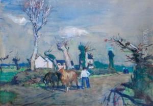 Paysan Rentrant Ses Chevaux Sur Le Chemin Paysan Rentrant Ses Chevaux Sur Le Chemin