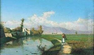 Paesaggio Con Contadinella by Attilio Simonetti