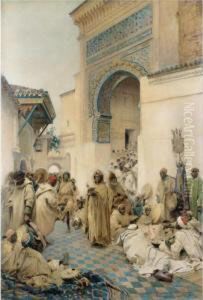 African Figures Dancing In A Courtyard by Gustavo Simoni
