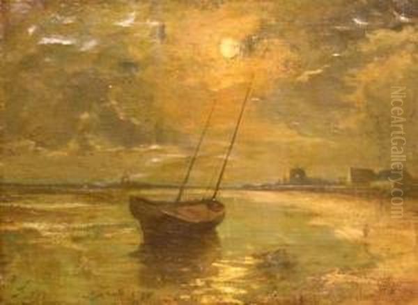 Boat In Low Tide In The Moonlight - view 1