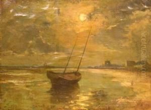 Boat In Low Tide In The Moonlight by Victor Simonin