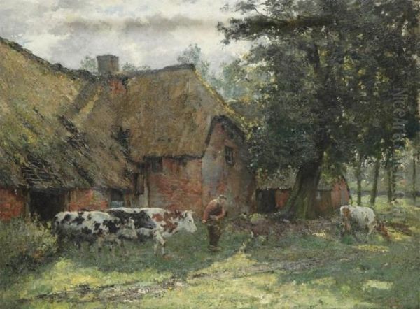 Farmer With Cows Near The Farmhouse - view 1