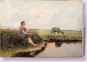 Fermiere Gardant Sa Vache Au Bord De L'eau by Jan Frans Simons