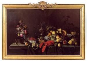 Nature Morte Au Homard, Fruits Et Bouquet De Fleurs Sur Un Entablement by Michiel Simons