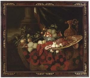 A Glass, A Chinese Bowl, A Ewer, A Salver, Grapes, Peaches, Figs, Lemons And A Lobster by Michiel Simons