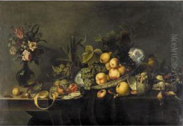 Still Life Of Peaches And Grapes
In A Porcelain Dish, A Partly Peeled Lemon, An Open Pomegranate And
Loose Cherries, Along With Dead Game, Oysters And Hazelnuts, All
Arranged On A Partly Draped Stone Table by Michiel Simons