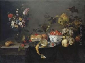 A Tulip, A Carnation, An Iris
And Other Flowers In A Glass Vase, Wild Strawberries In A Wan-li 'kraak'
Porselain Bowl, A Partly-peeled Lemon On A Pewter Platter With
Cherries, An Orange, A Wine Glass, Apples And Grapes On A Draped Ledge by Michiel Simons