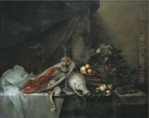 Homard, Perroquet, Panier De Fruits Et Divers Objets Sur Un Rebord En Pierre by Michiel Simons